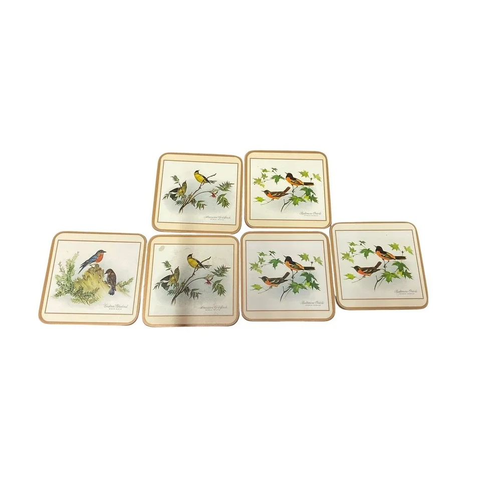Set Of 6 Vintage English Life Cork Back Coasters Song Birds Satin‎ Finish W/ Box